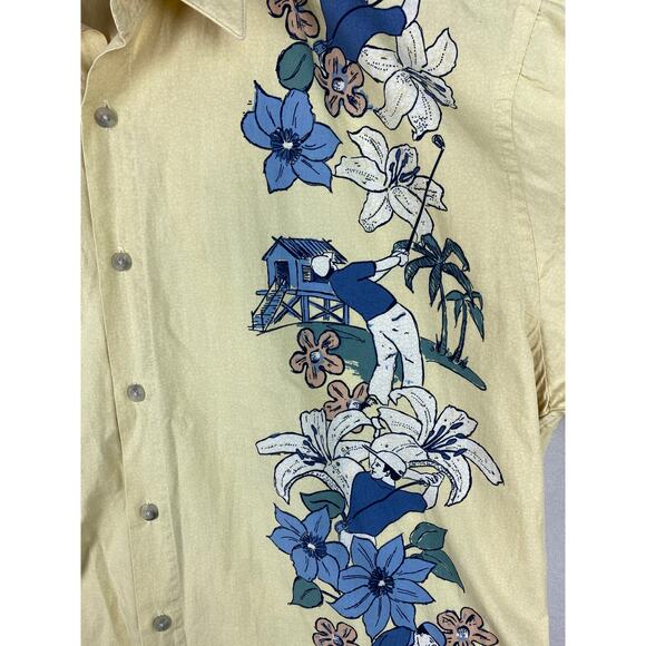 Campia Moda Men’s Large Hawaiian Camp Shirt Yellow Floral Golf Print Button Up - Picture 4 of 10